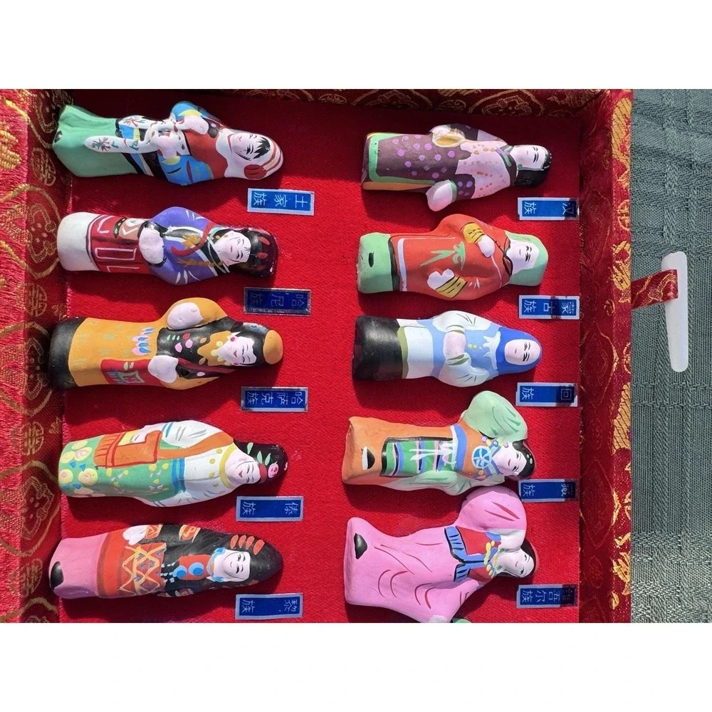 Vintage 56 Chinese Ethnic Groups Clay Women Figurines Complete Brocade Box Set
